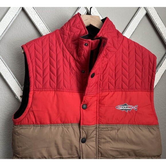 REPYOURWATER Men's L Insulated Vest Red/Tan Fish-Explore-Conserve - Picture 2 of 10